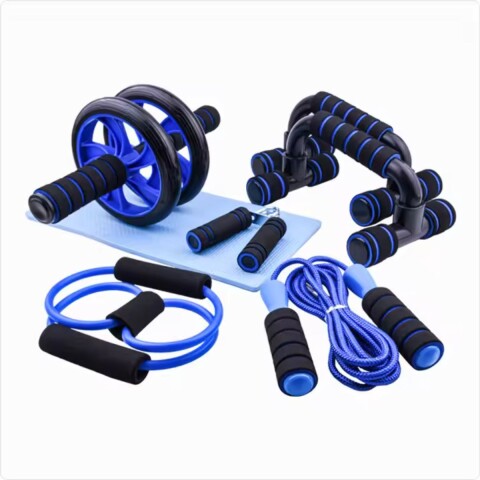Set Azul Ejercicio Rueda Abdominal + Banda de Resistencia + Soga para Saltar + Barras de Push up + Hand Grip de Regalo FIT001 Set Azul Ejercicio Rueda Abdominal + Banda de Resistencia + Soga para Saltar + Barras de Push up + Hand Grip de Regalo FIT001
