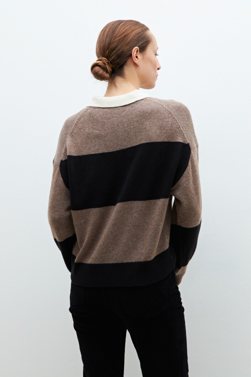 Sweater rayado cuello polo beige melange