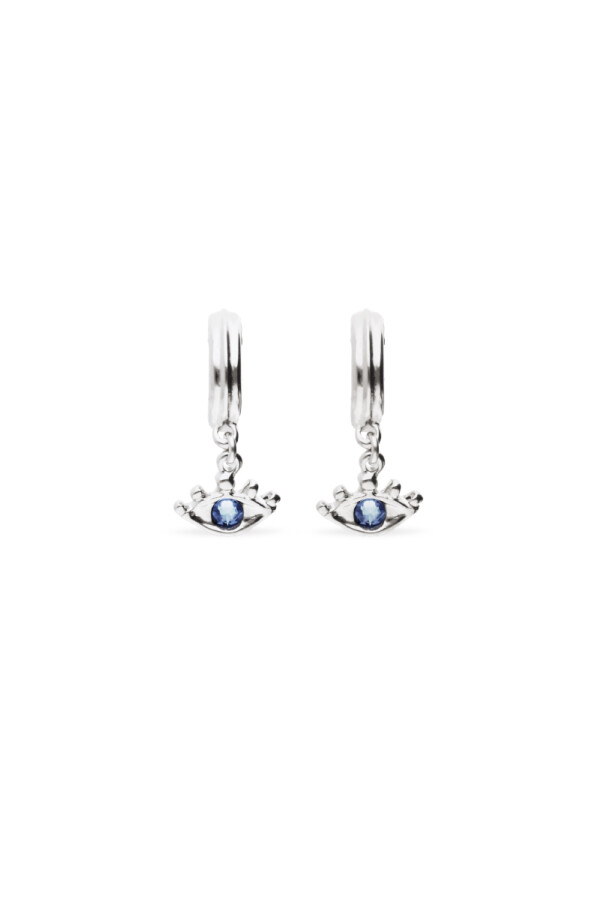 PENDIENTES DE ARO EN ALEACIÓN DE METALES BAÑADOS EN PLATA CON DETALLE DE OJO CON CRISTAL FACETADO AZUL Pendiente