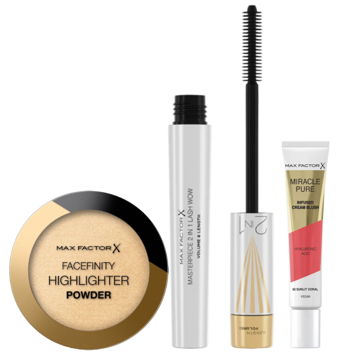 Pack Max Factor Máscara de Pestañas Masterpiece + Iluminador Facefinity + Rubor Miracle Pure N°02 
