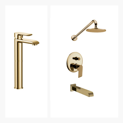 JUEGO DE GRIFERIA COMPLETO. INCLUYE DUCHA EMBUTIDA, VISTA Y LAVATORIO ALTO ORO SEMI MATE AQUALIA 000