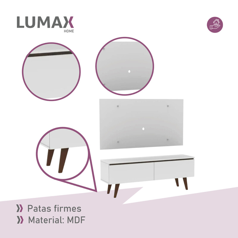 Rack TV mueble Lumax + panel rústico con estantes 55” Blanco/Blanco