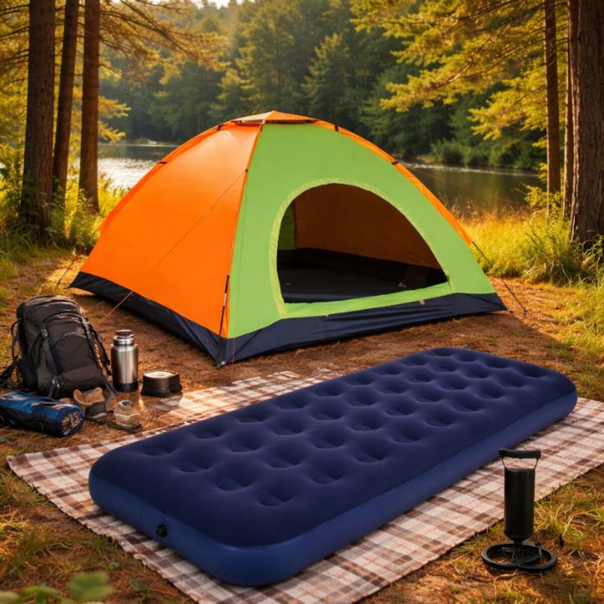 Combo Camping – Carpa 2 Personas + Colchón Inflable 1 Plaza + Inflador 