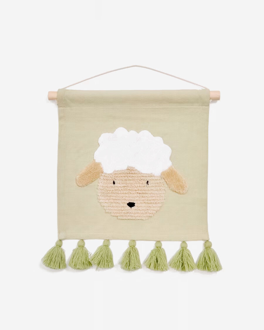 Tapiz mural Milu de algodón verde con oveja y borlas verde Tapiz mural Milu de algodón verde con oveja y borlas verde