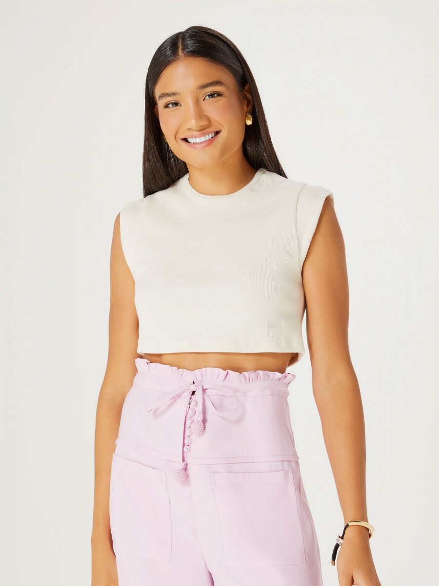 BLUSA CROPPED FEMENINA EN TELA ACANALADA  - CREMA 