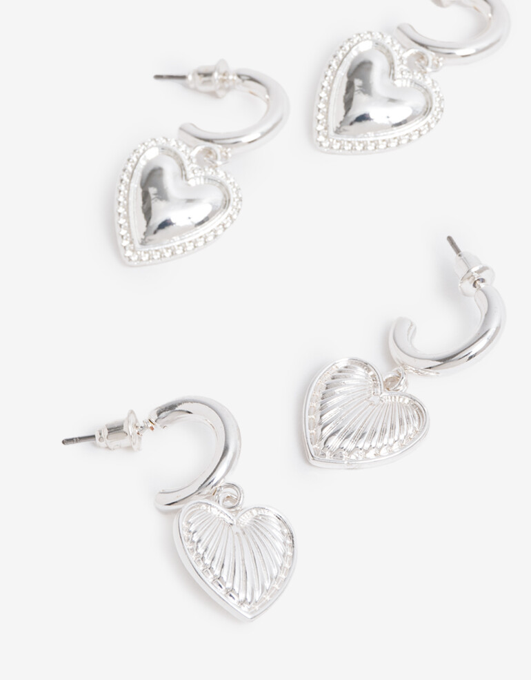 Aros Argollas Set Metal Set Argollas Dije Corazón - Plateado