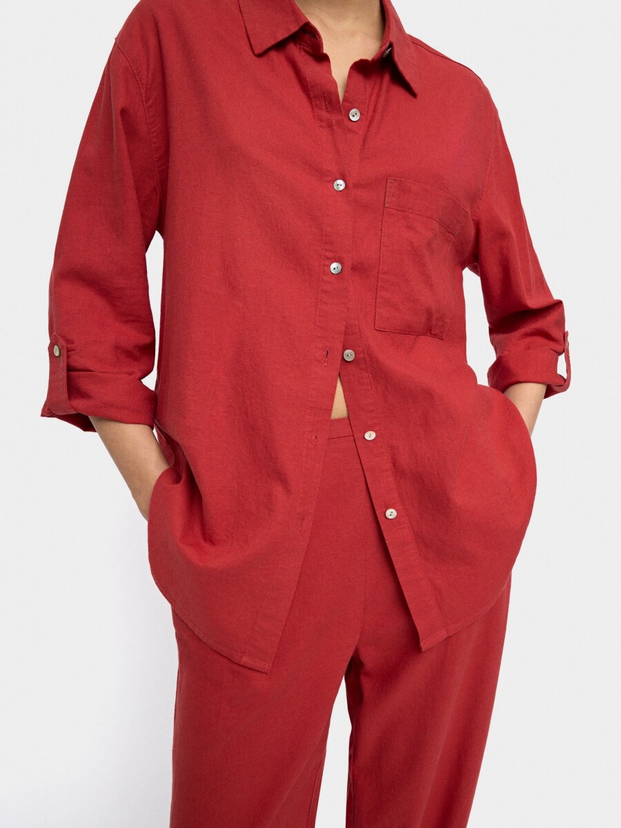 Camisa Mezcla De Lino Con Bolsillo teja