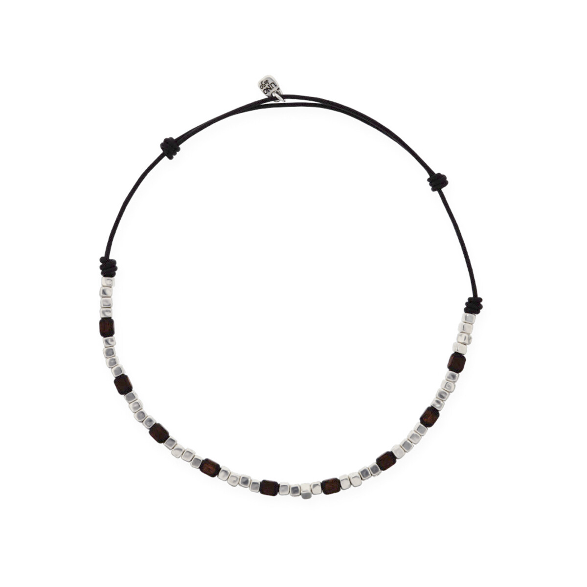 COLLAR DE CUERO CON CUENTAS DE ALEACIÓN DE METALES BAÑADA EN PLATA Y CUENTAS DE MADERA - Colgante 