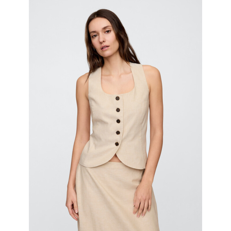 V-SCOOP NECK VEST - BEACHY LINEN FLAX LINEN