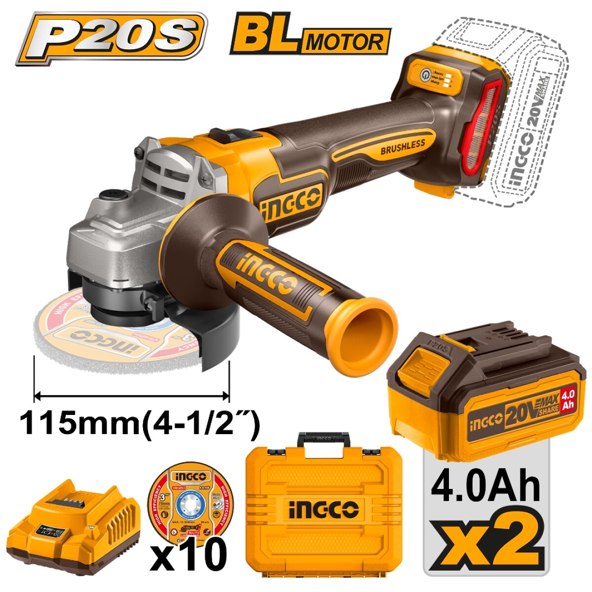 Set Ingco CAGLI211542 Amoladora a Batería Valija y Discos 