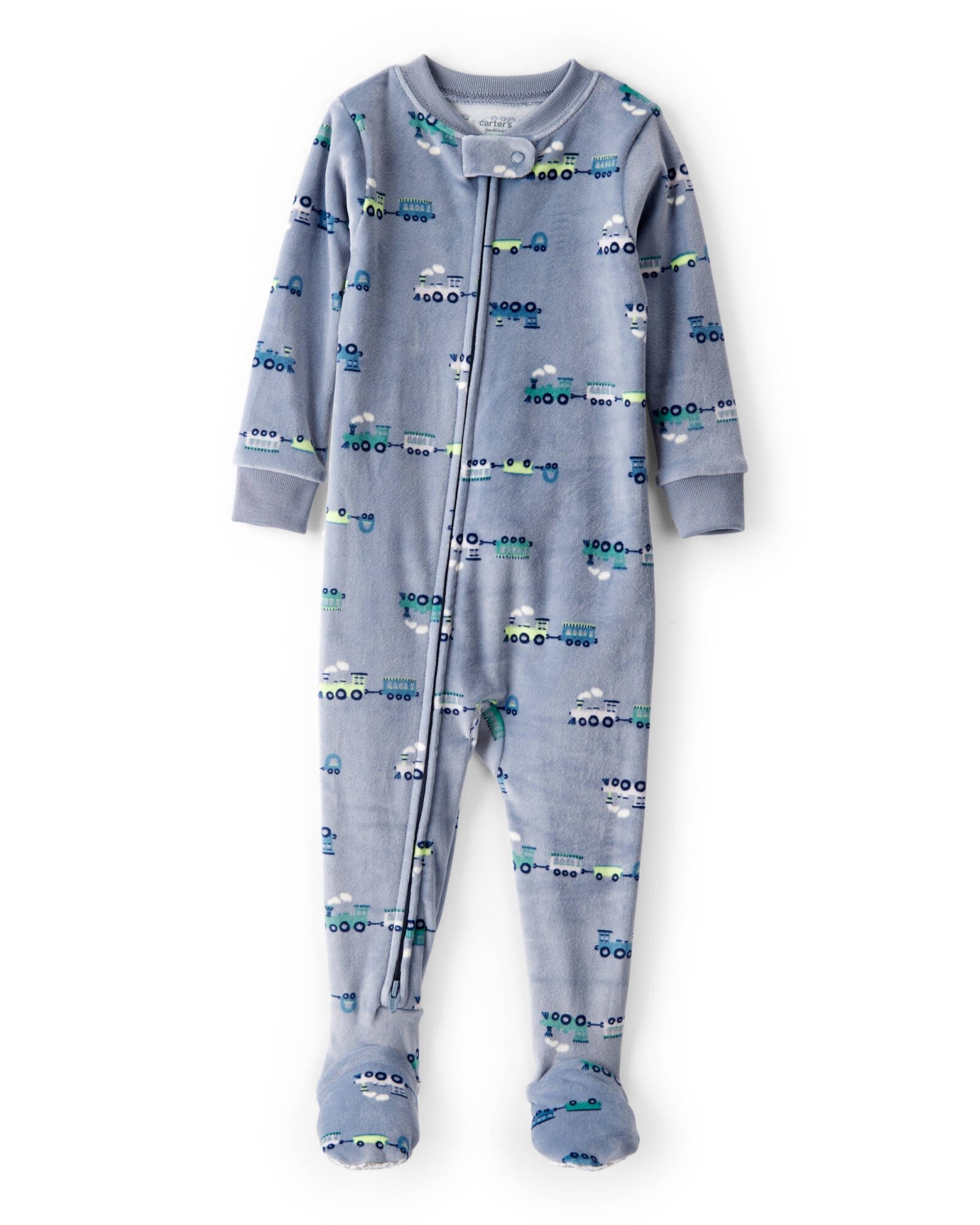 Pijama una pieza de DreamPlush, con pie, azul, diseño trenes. Talles 12-24M Sin color