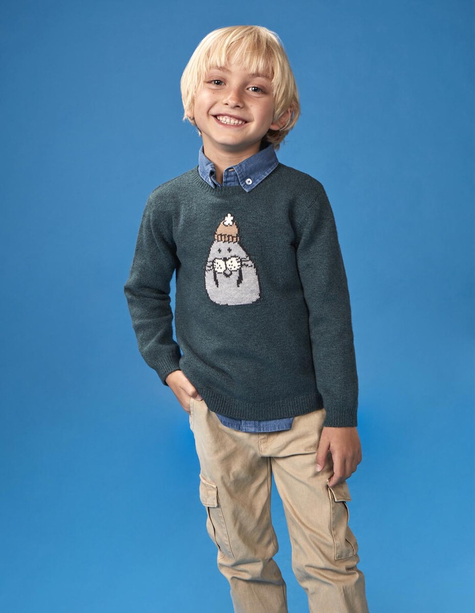 Jersey Con Intarsia - Petroleo Melange 