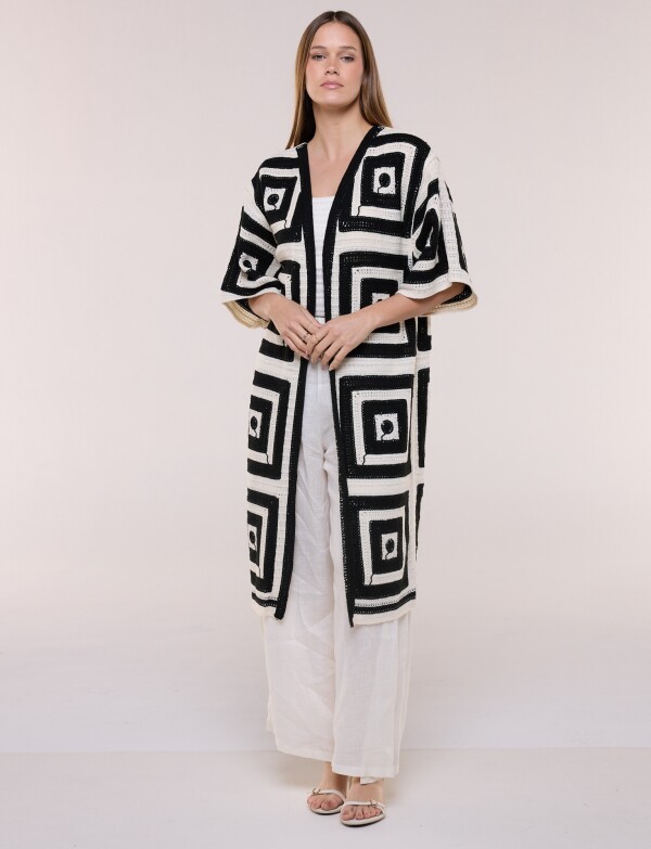 Cardigan Largo Crochet Mangas Kimono NEGRO