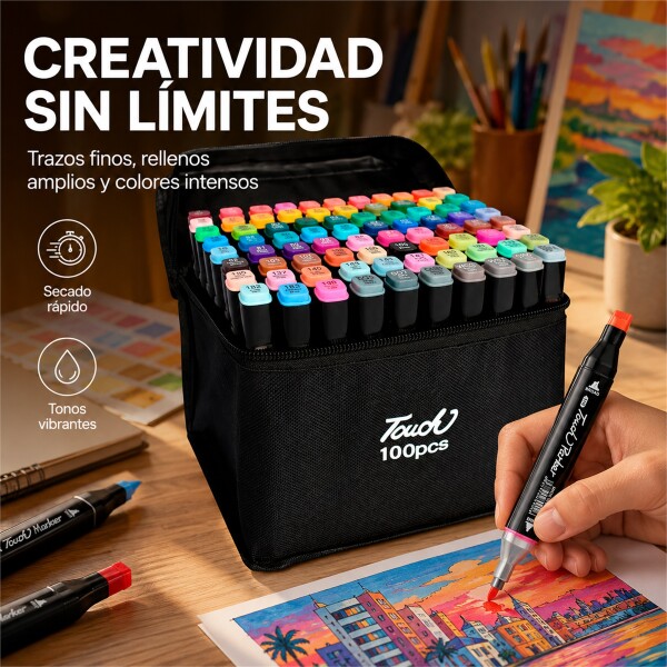 Set de 100 Marcadores Artísticos Doble Punta con Bolso Negro 1