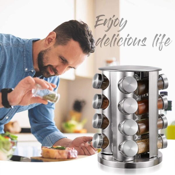 Especiero Redondo Giratorio 16 Frascos De Vidrio Acero Inox Especiero Redondo Giratorio 16 Frascos De Vidrio Acero Inox