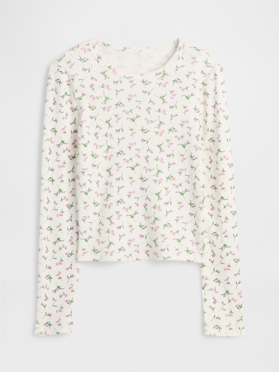 Remera Rib Niña - White Floral Print 