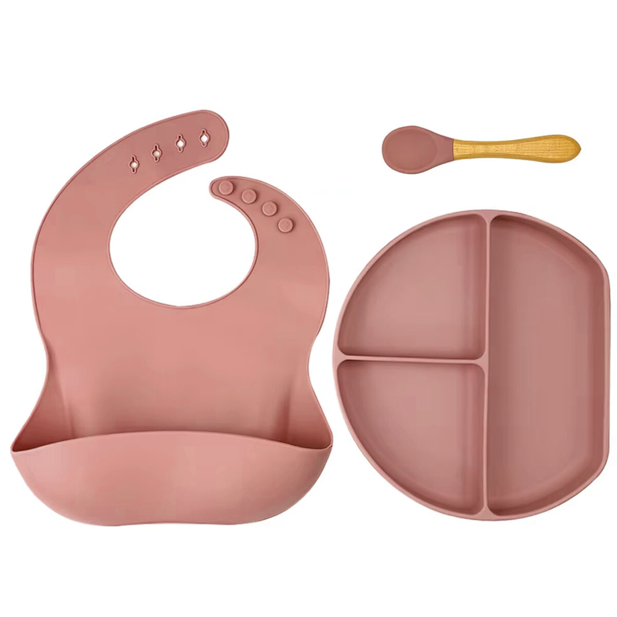 Set de Comida para Bebé con Babero Plato Cuchara en Silicona - Rosa Viejo 