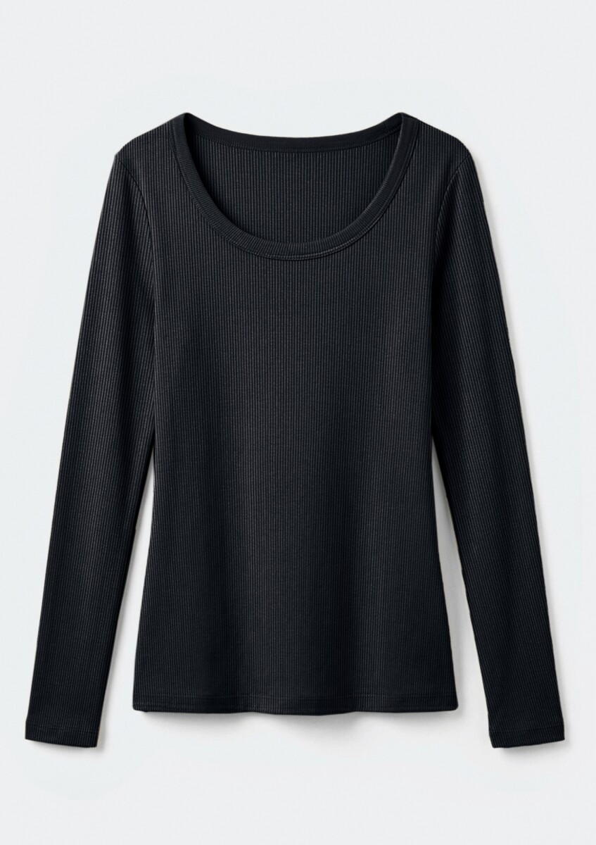 CAMISETA MANGA LARGA ACANALADA - NEGRO - NEGRO 