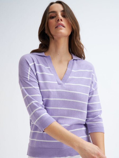 Sweater tejido cuello polo Violeta Con Blanco