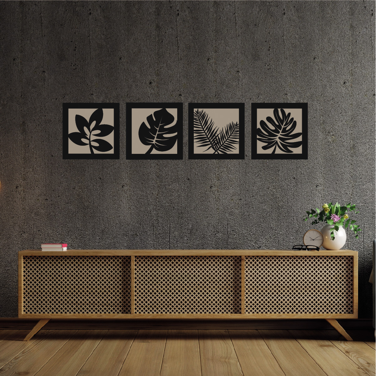 Cuadro En Madera Calada Mdf Moderno Decorativo 4 hojas Negro Arcilla con fondo 