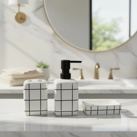 Set Baño 3Pzas Cuadriculado Cerámica Jaboneras Portacepillos Blanco/negro