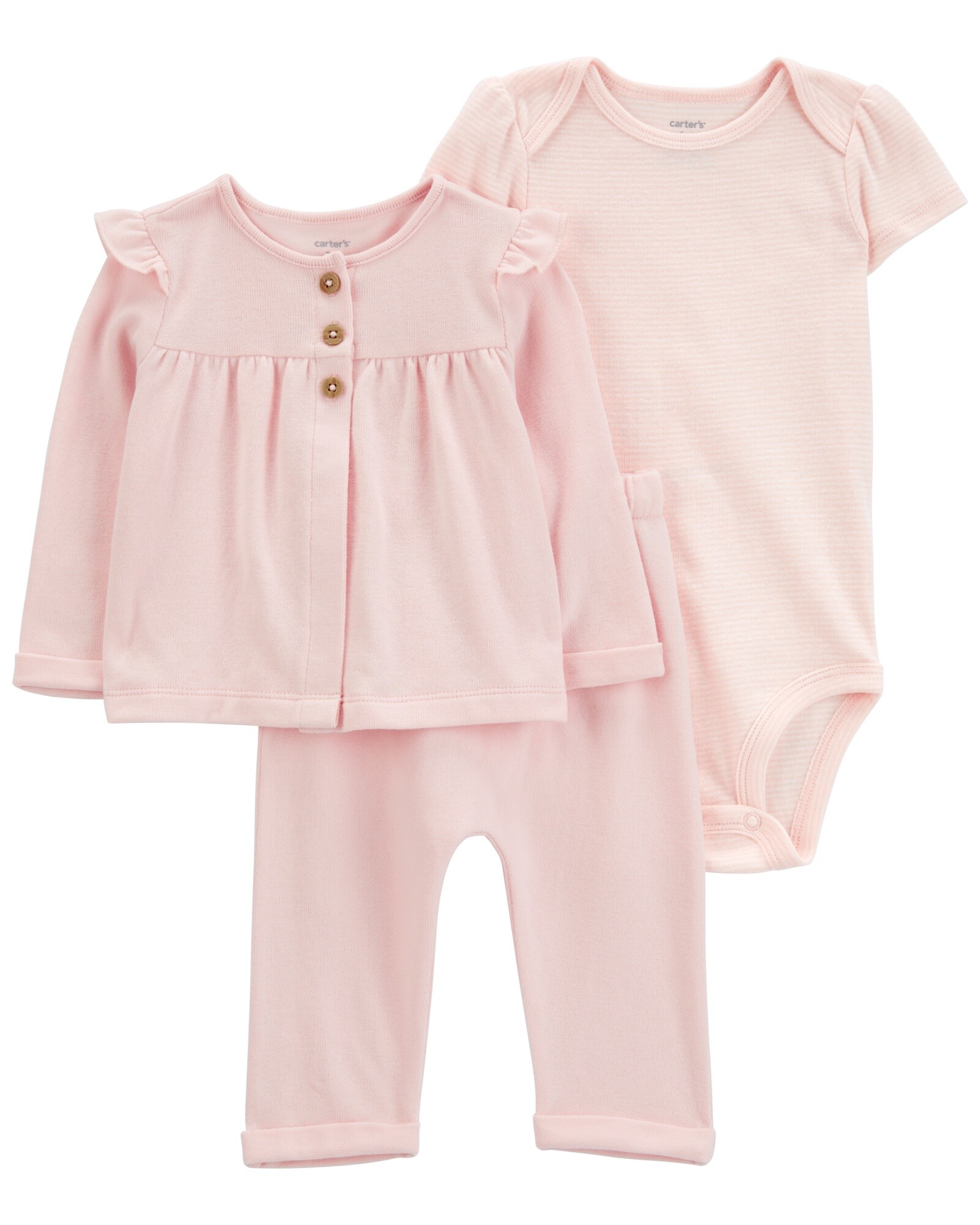 Set tres piezas de algodón, pantalón, saco y body, rosados Sin color