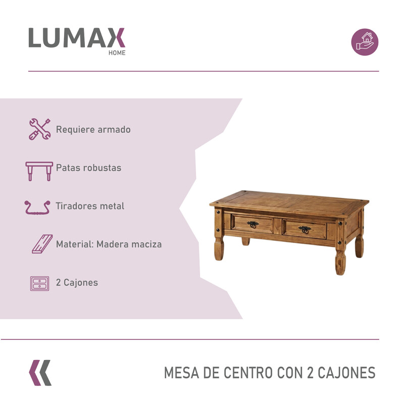 Mesa de centro Lumax de 2 cajones madera maciza Mesa de centro Lumax de 2 cajones madera maciza