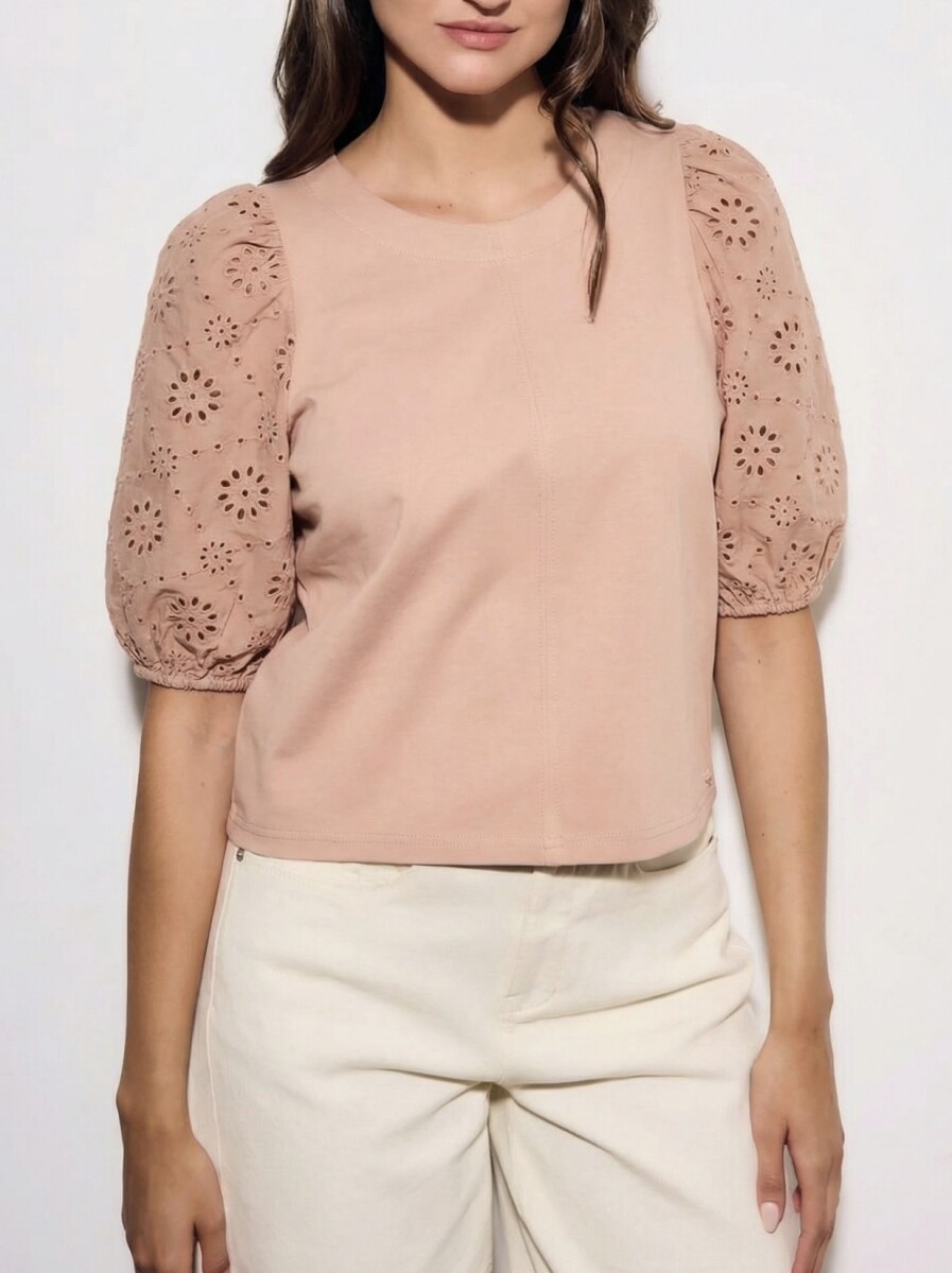Remera Manga Globo Broderie - Rosa 