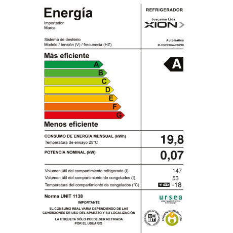 heladera refrigerador con freezer frío seco 200 litros COLOR UNICO