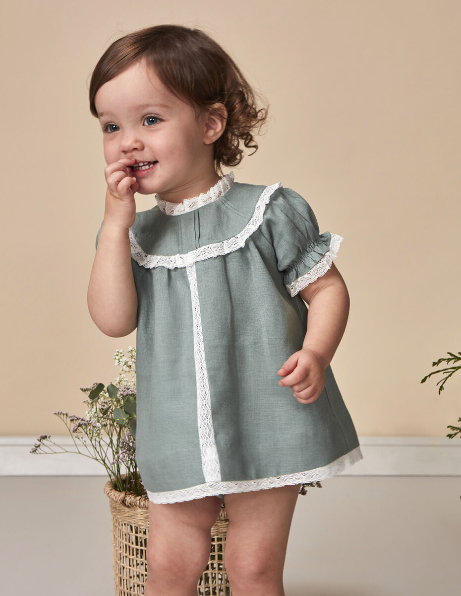 Vestido De Arras En Lino Verde Con Tiras - Verde Oscuro 