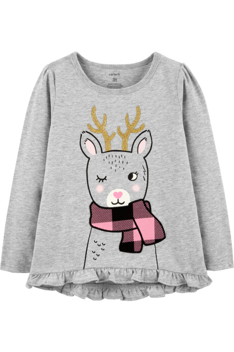 Remera de algodón, manga larga, estampa reno Sin color