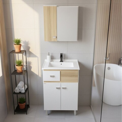 Mueble de Baño de Pie POP (56cm) | Set Bicolor Blanco/Carvalho con Espejo y Lavatorio Mueble de Baño de Pie POP (56cm) | Set Bicolor Blanco/Carvalho con Espejo y Lavatorio