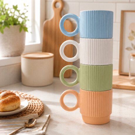 Taza de cerámica facetada con asa circular Verde