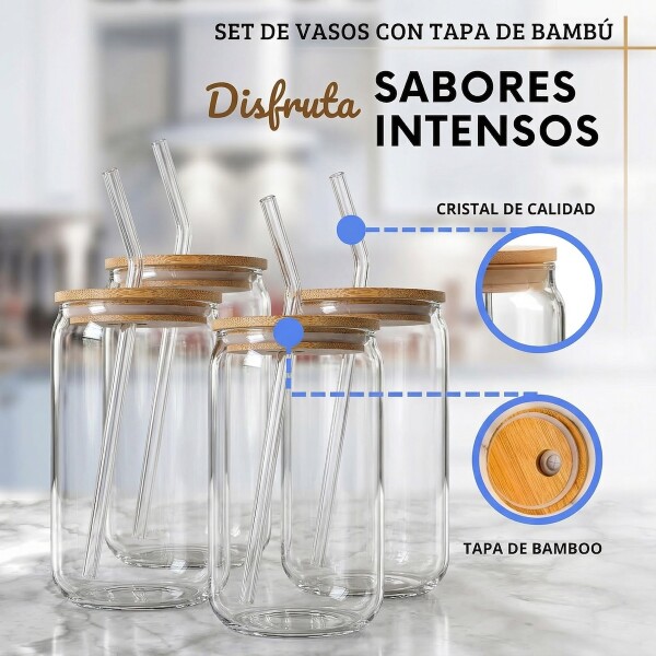 Set X4 Vasos De Vidrio Con Tapa Madera Bambu y Sorbetes 400ml IMBACK Set X4 Vasos De Vidrio Con Tapa Madera Bambu y Sorbetes 400ml IMBACK
