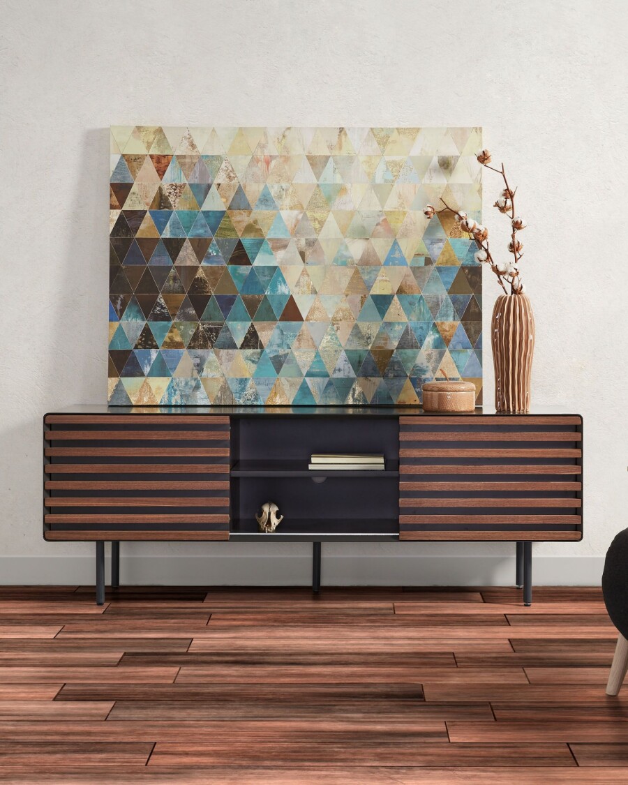 Mueble TV Kesia lacado gris con chapa de nogal 162 x 58 cm