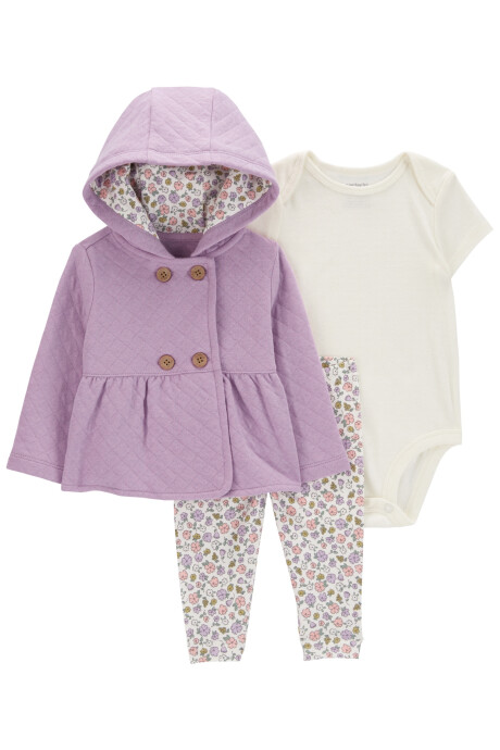 Set tres piezas de algodón, campera capitoneada, pantalón y body, diseño floral Sin color