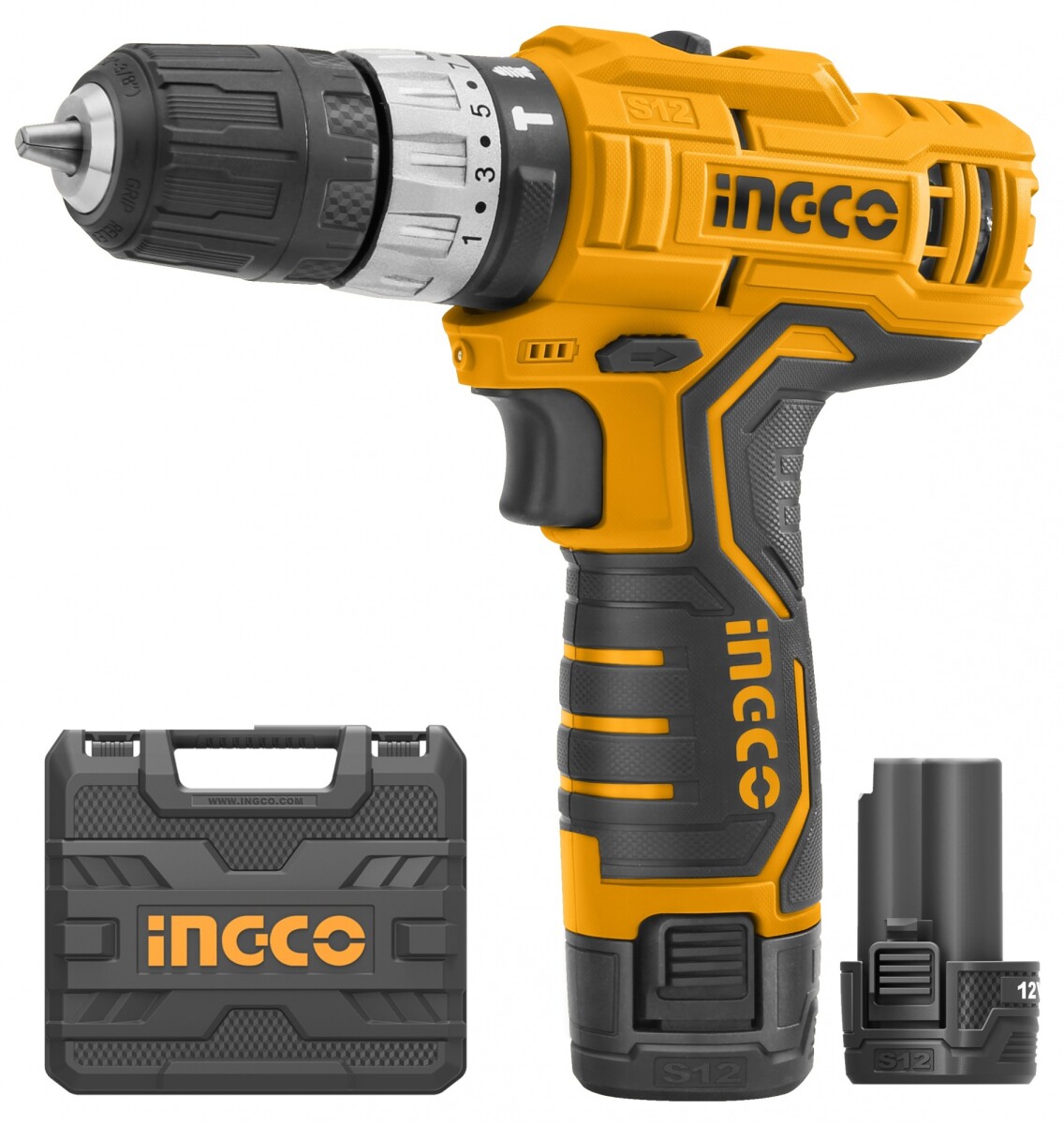TALADRO ATORNILLADOR PERCUTOR S12 12VOLT VALIJA + 2 BATERIAS CIDLI1232 INGCO 20N 