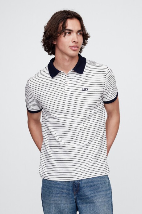 Remera Polo Hombre White Navy Stripe