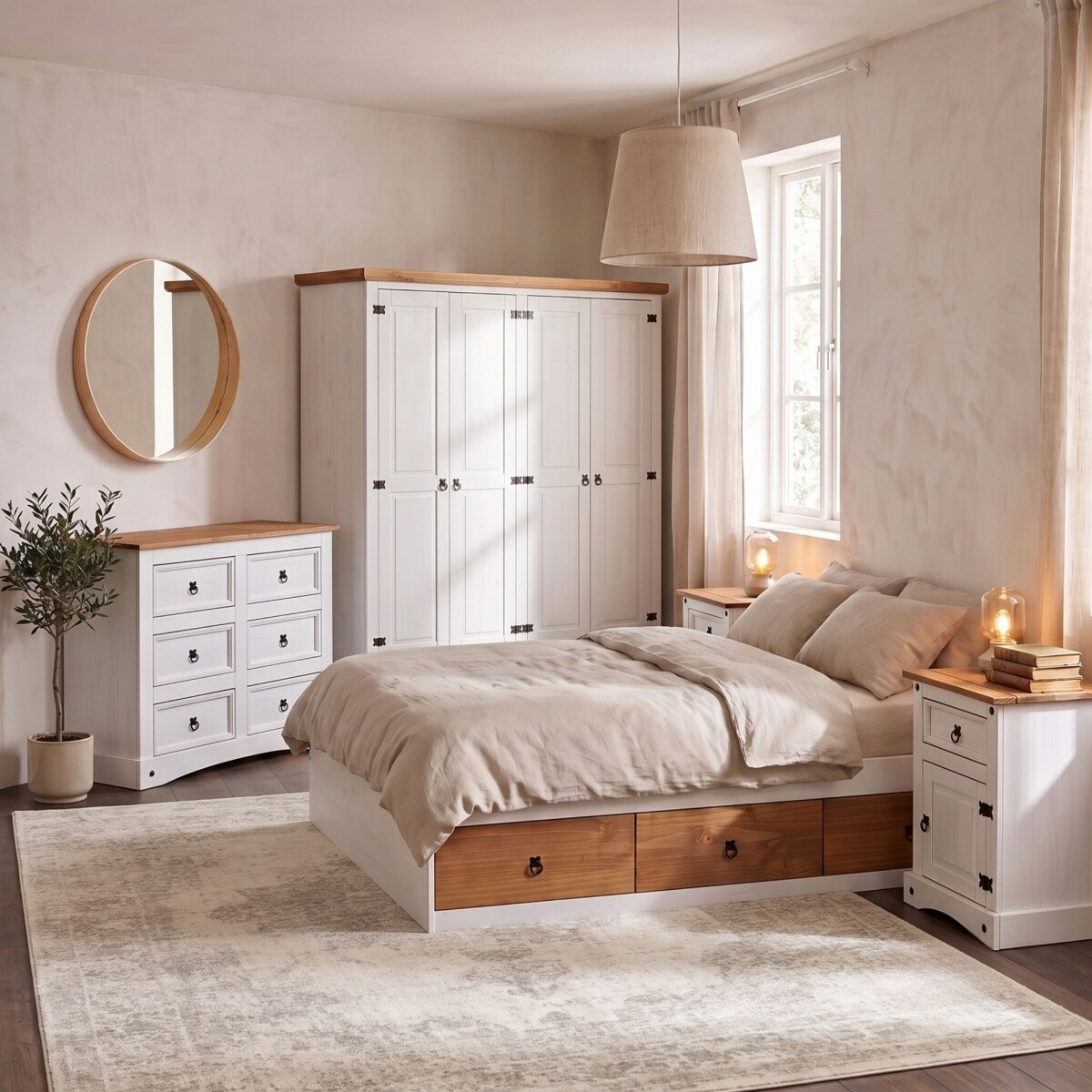Promo Juego de dormitorio - Ropero + Comoda + 2 Mesa de luz + Cama queen con cajones 