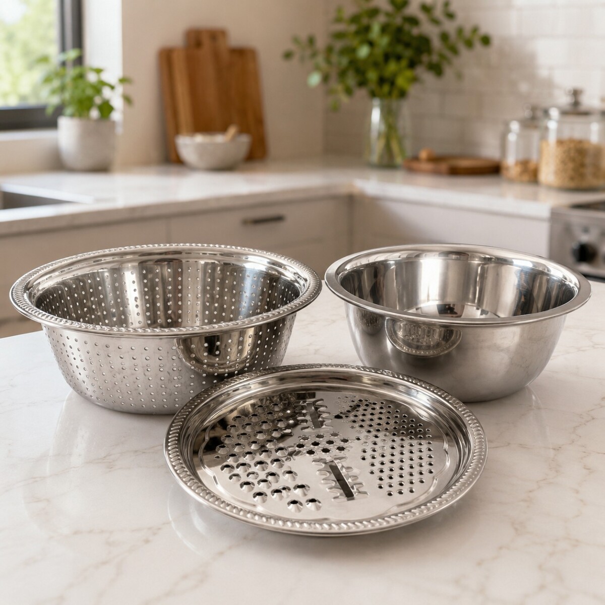 Set de 3 Piezas de Bowl Colador y Rallador en Acero Inoxidable 