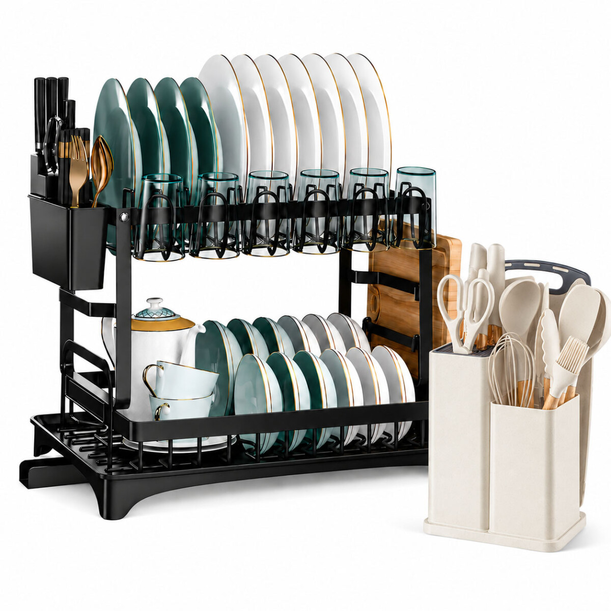 Set Utensilios Cocina 19Pz + Escurridor 2Niv Acero Inox - Beige 