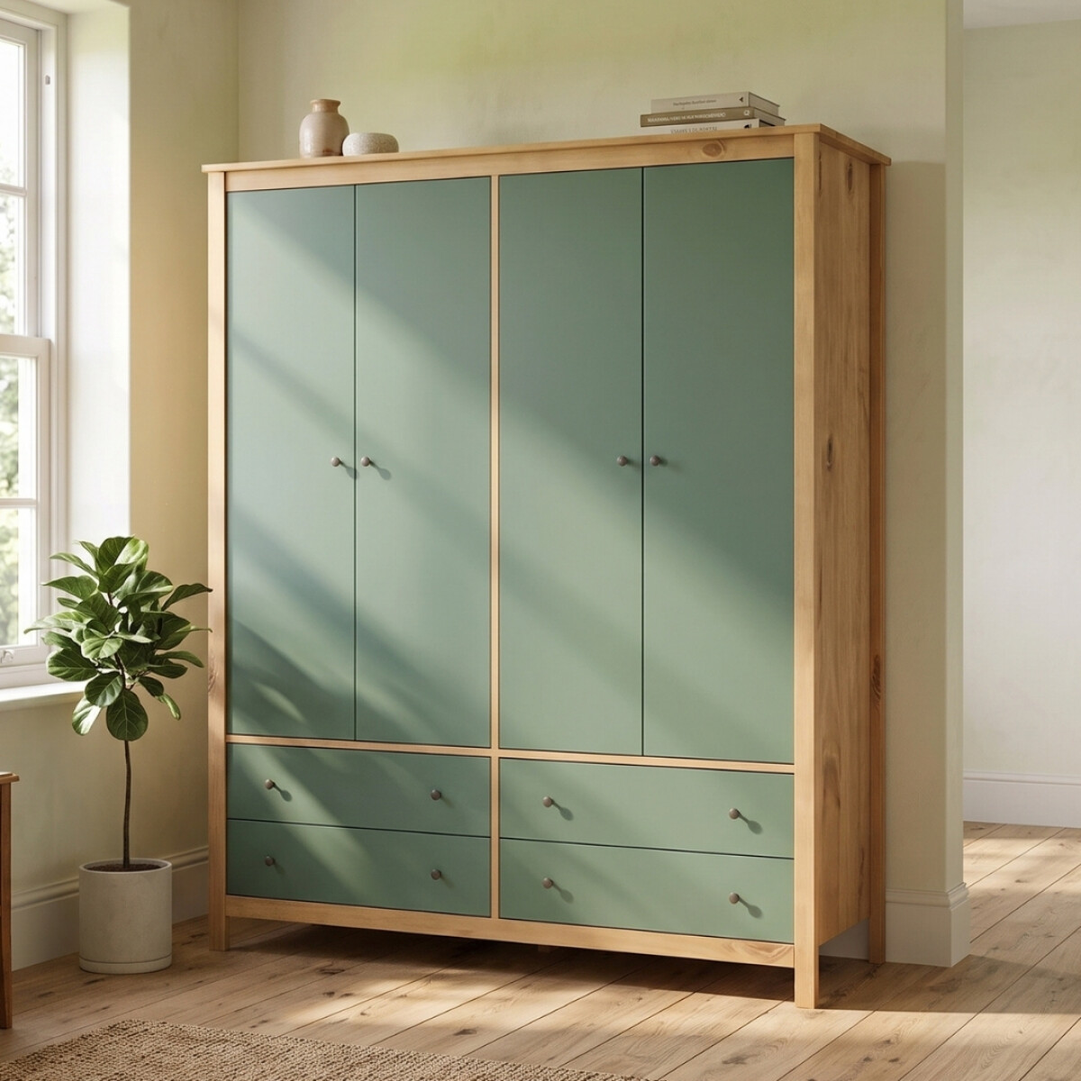 Ropero 4 Puertas 4 Cajones Madera Natural - Mari - Verde 