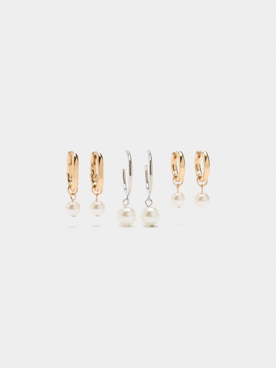 Set De Aros Bicolor Con Perlas dorado
