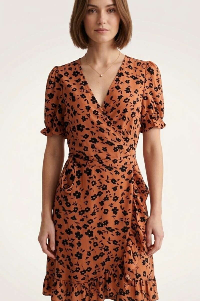 VESTIDO M/C ESCOTE EN V ANIMAL PRINT MARRON