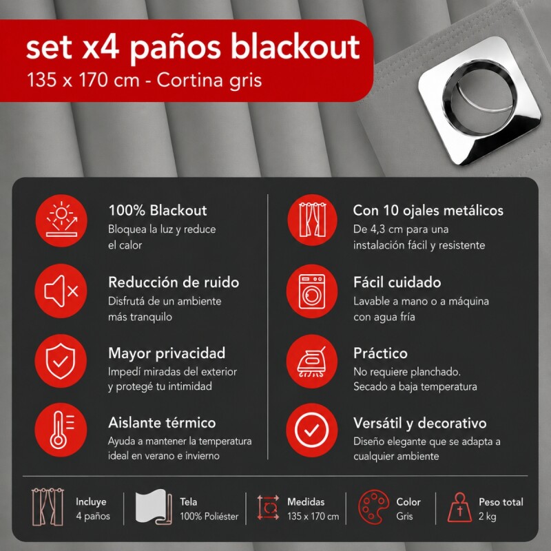 Set x4 paños cortina blackout 1,35m x 1,70m GRIS