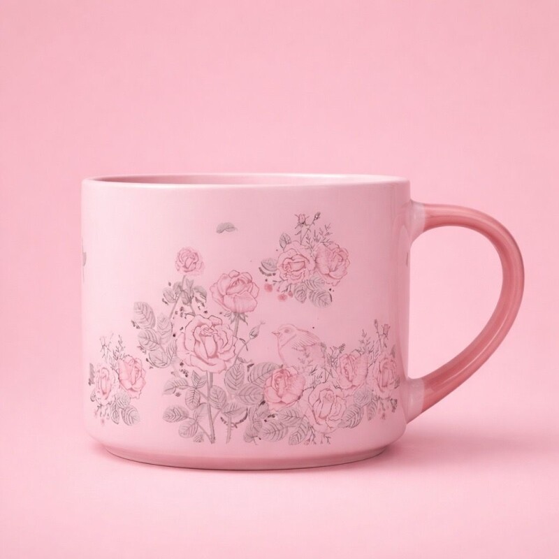TAZA CERÁMICA APILABLE PÁJAROS Y FLORES (490 ML / ROSA) TAZA CERÁMICA APILABLE PÁJAROS Y FLORES (490 ML / ROSA)