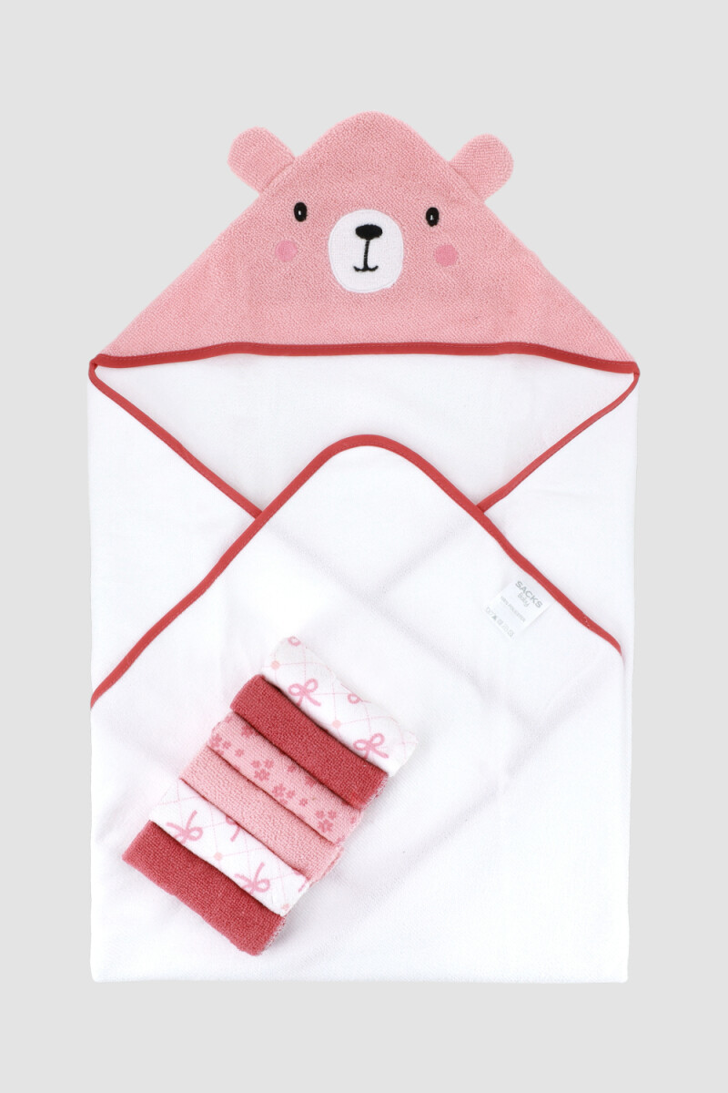 Toalla con capucha + 5 babitas bebe lazos Rosado