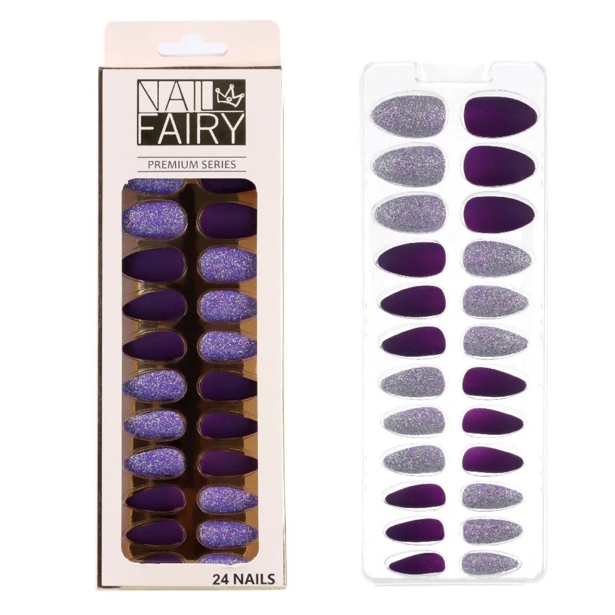 Set De Uñas Postizas Lisa Punta Ballerina Brillos - Morado 