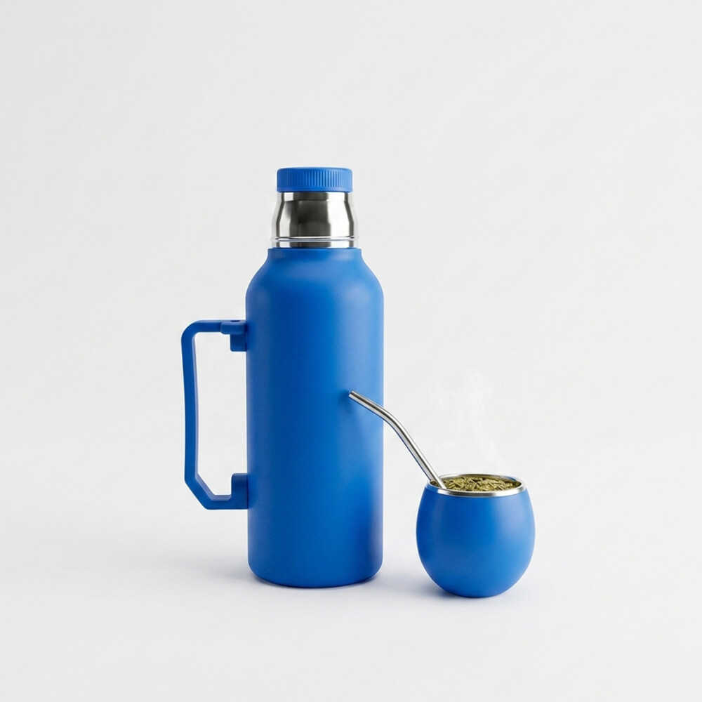 Set De Termo + Mate + Bombilla 1 Litro Acero Azul