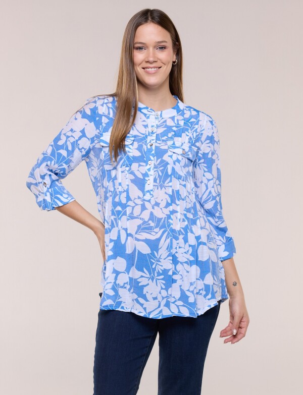 Blusa Liviana Cuello Mao Manga Roll-up BLANCO/AZUL